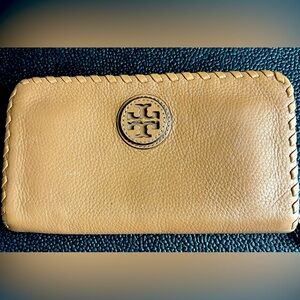 Tory Burch tobacco colored pebbled leather continental wallet